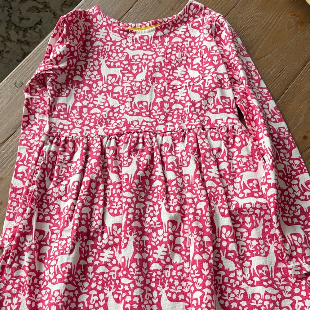 Mini Boden Pink and White Deer Print Long-Sleeve Dress